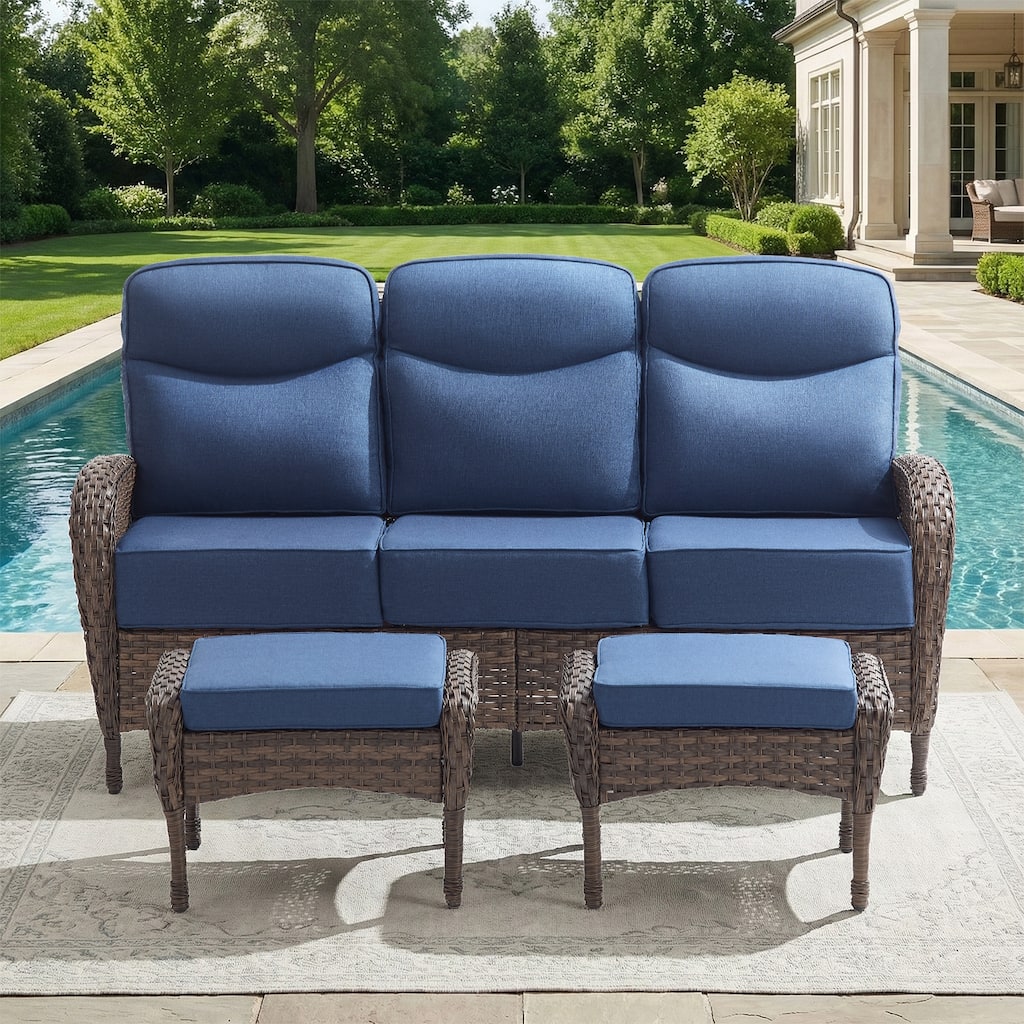 Pocassy Outdoor Wicker Patio Sofa with Ottomans
