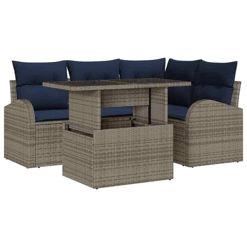 vidaXL 5 Garden Sofa Set with Cushions Black/Brown/Grey Poly Rattan - 69.9 x 48.2 x 27.2