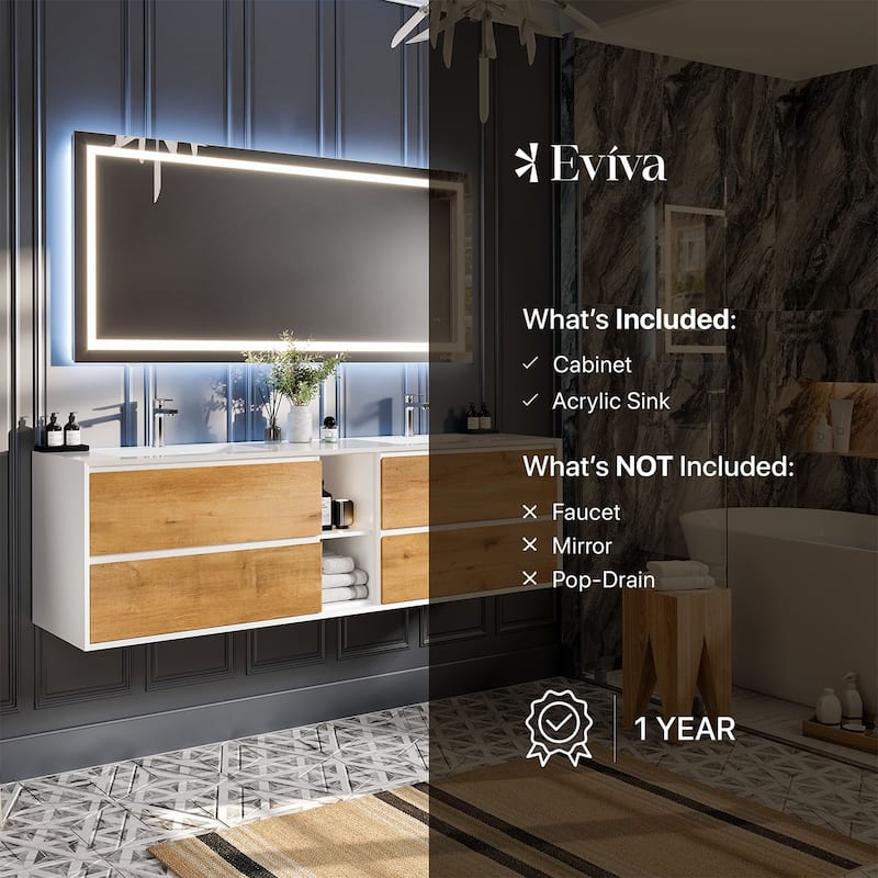 Eviva Vienna 75" White DS Bath Vanity with Integrated Acrylic Top