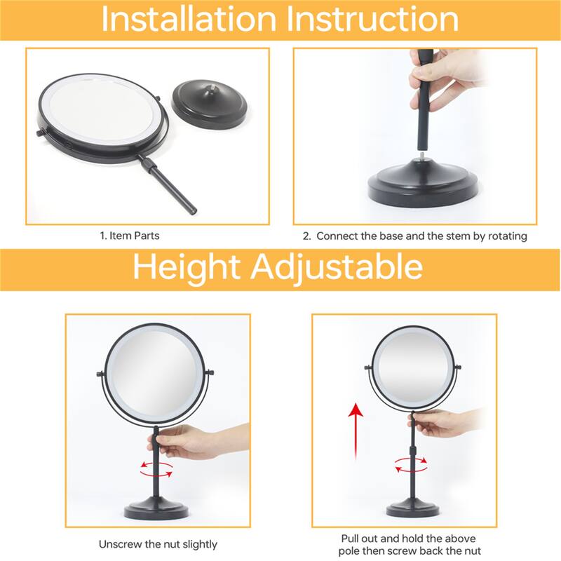 9" Lighted Makeup Double Sided 1X/10 Magnification Mirror and 3 Lighting