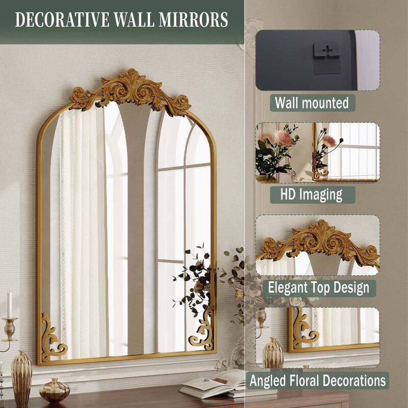 Arched Baroque Bathroom Mirror with Bottom Floral Decor