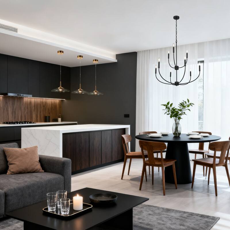 Oriea Modern Farmhouse 9-Light Black Chandelier Classic Candle Lights for Living Dining Room - D 32.3" x H 34"