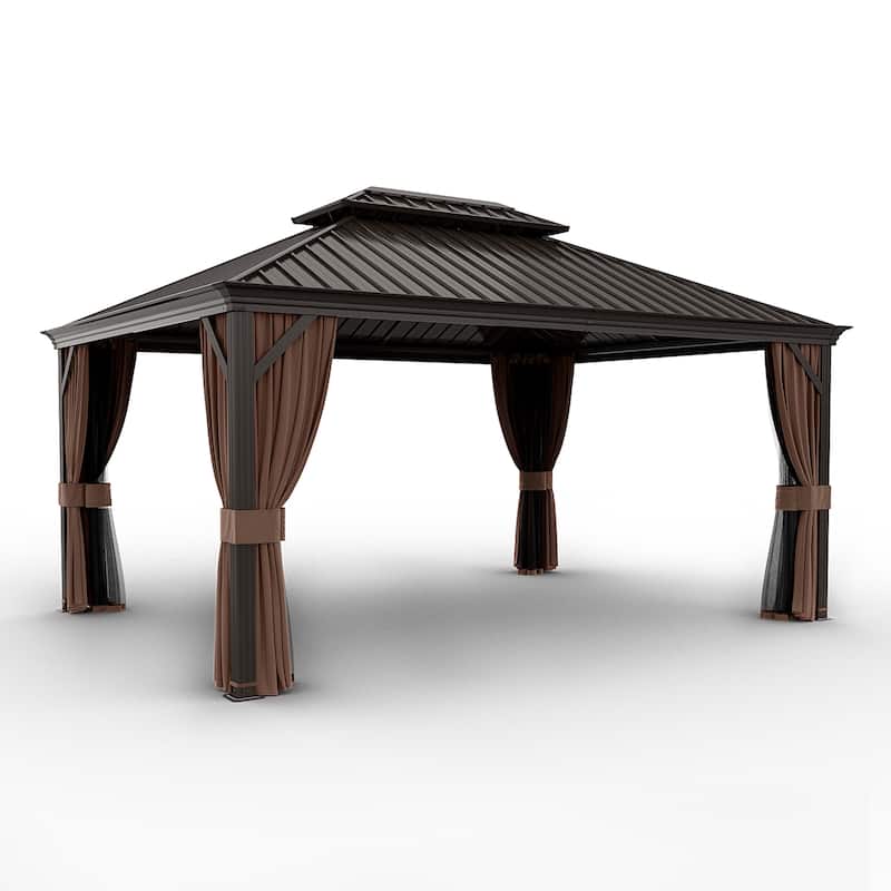 12x16ft Outdoor Double-Roof Aluminum Gazebo with Curtains and Mosquito Netting