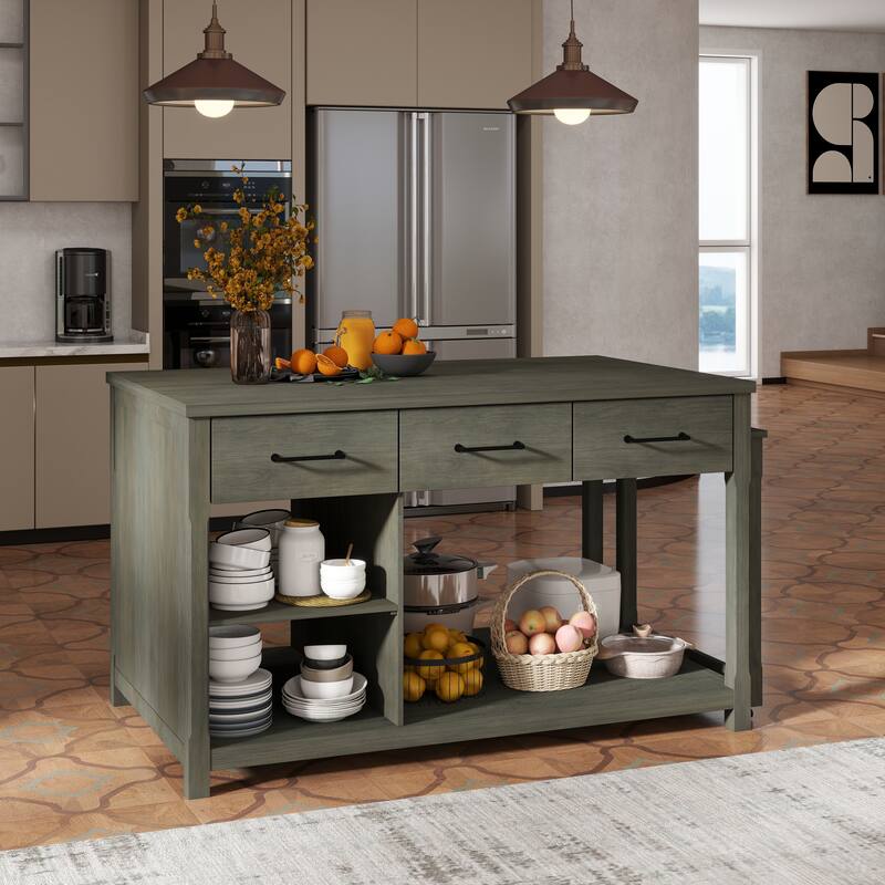 Extendable Kitchen Island with Storage, Rolling Kitchen Cart with Built-In Power Outlets, Retro Kitchen Island on Wheels