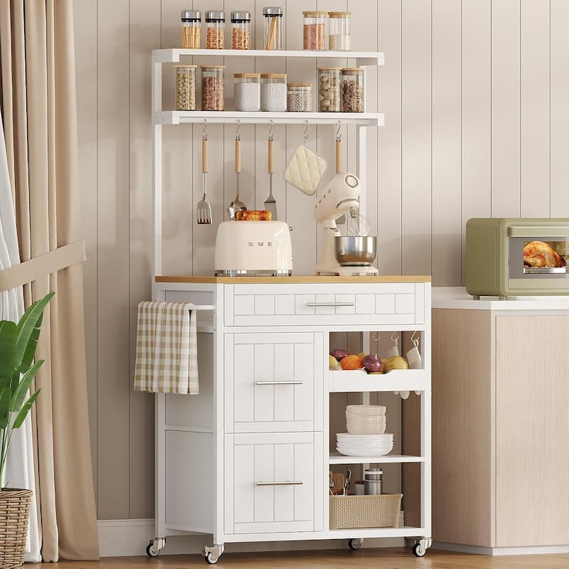 Mobile Kitchen Island Storage Kitchen Island Cart Shelves 3 Drawers - White