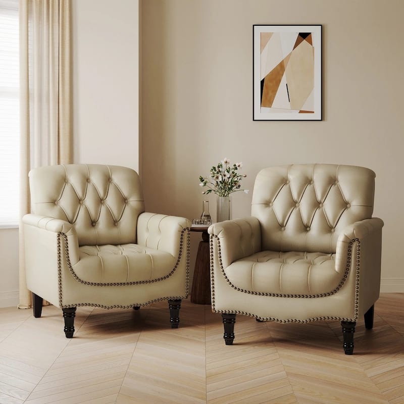 Traditional Faux Leather Tufted Accent Arm Chair with Nailhead Trim - Set of 2 - Beige