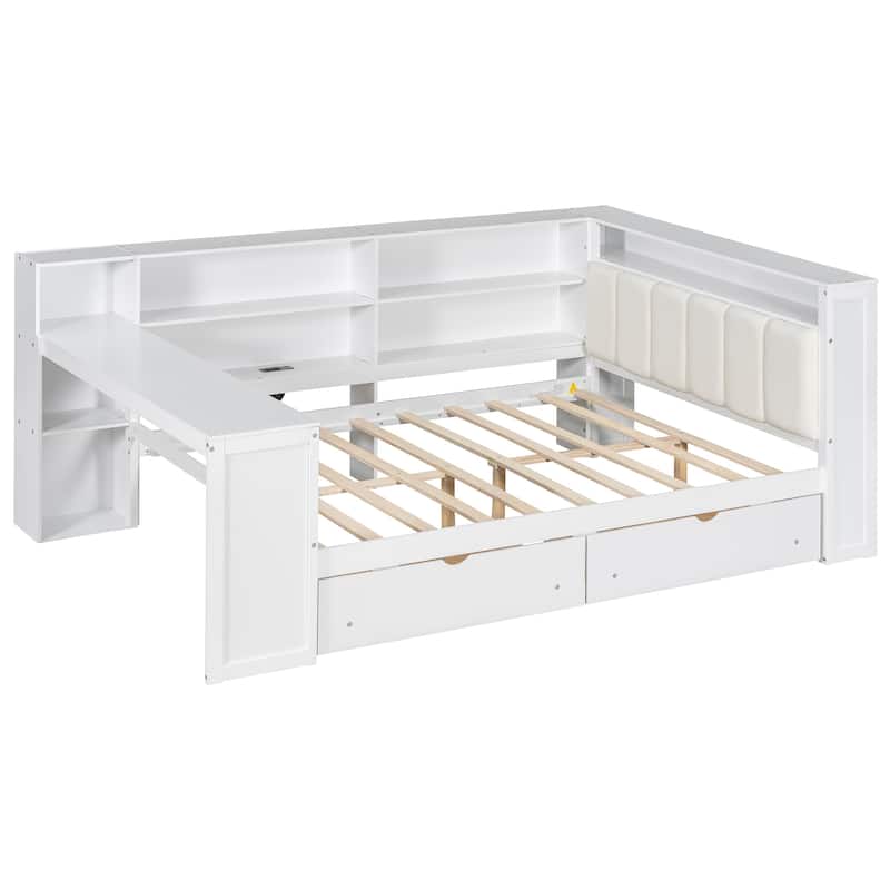 Wood Daybed Platform Bed Multifunctional Bed Frame with Charging Station and LED Light, Upholstered Headboard, Storage Shelves