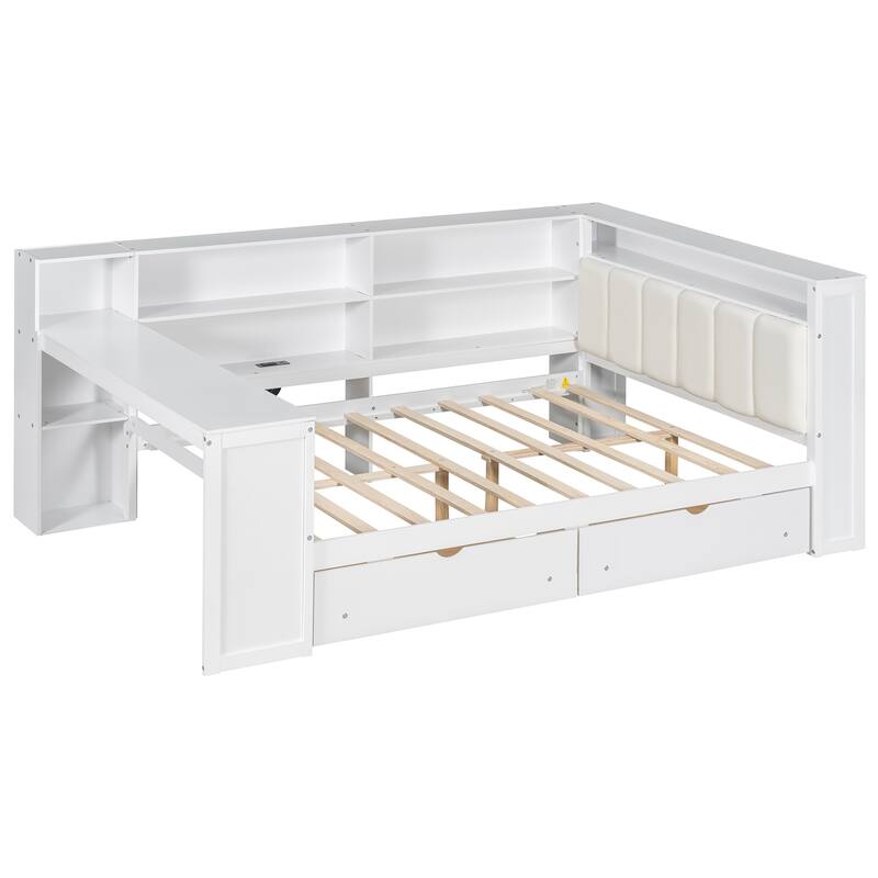 Wood Platform Bed with Integrated Desk, Storage Shelves, USB Charging Station, LED Headboard