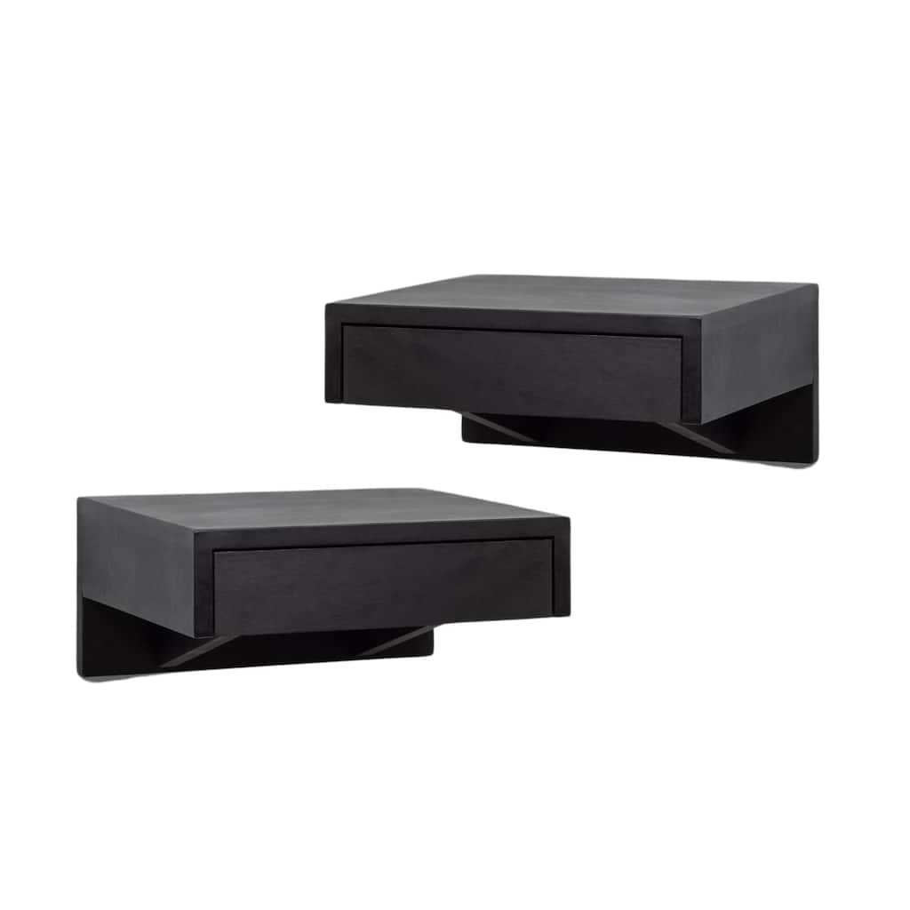 Set of 2 Black Floating Nightstands with Drawers and Shelf
