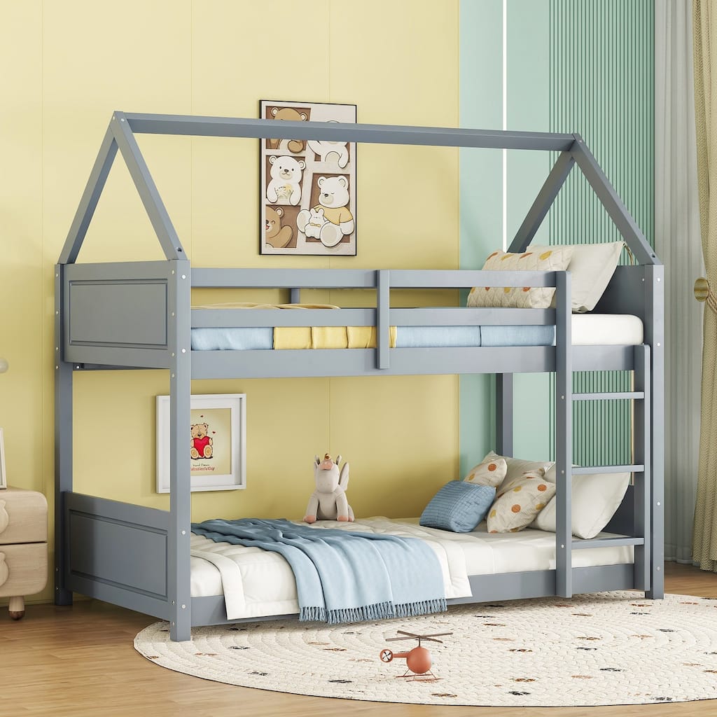 Twin Size Rubber Wood House Floor Bunk Bed with Safety Guardrails