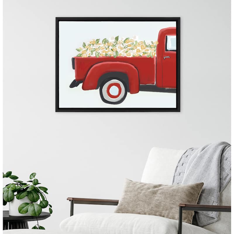 Kate and Laurel Sylvie Red Truck with Flowers Framed Canvas by Border Bloom
