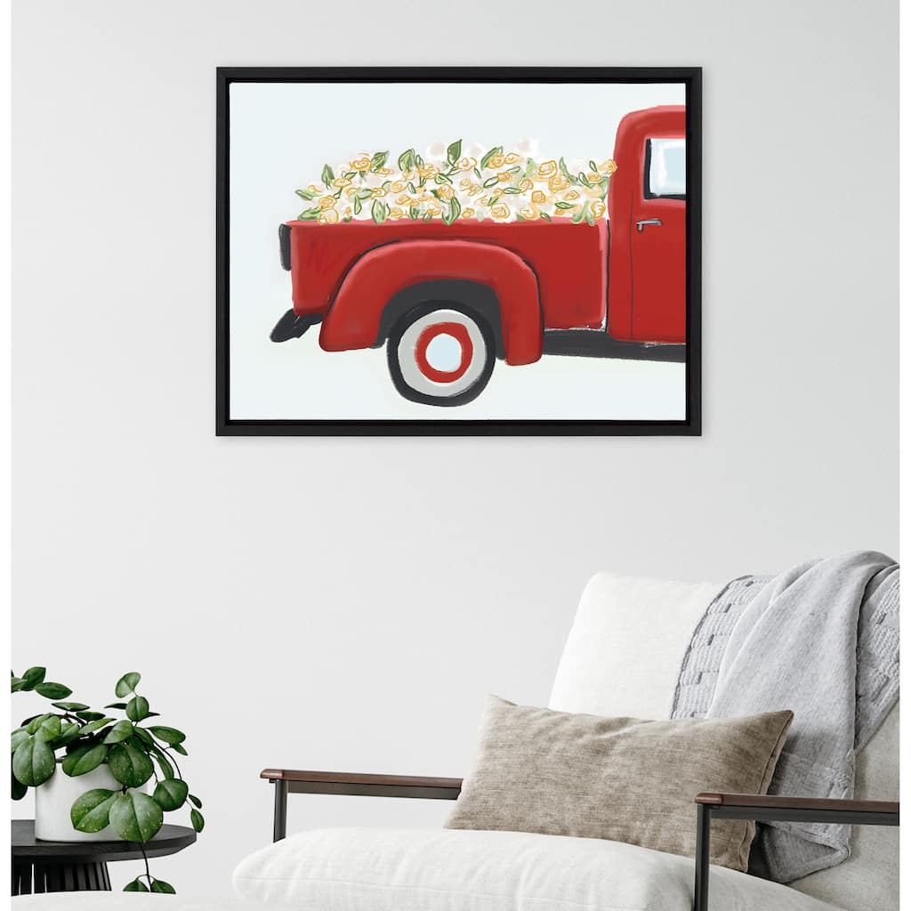 Kate and Laurel Sylvie Red Truck with Flowers Framed Canvas by Border Bloom