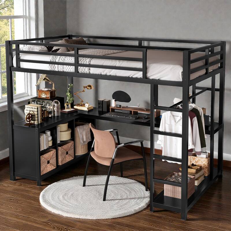 Twin XL Metal Loft Bed with Wardrobe and L-Shaped Desk, Storage Shelves and Cubes, Space-Saving Loft Bed for Kids Teens Adults