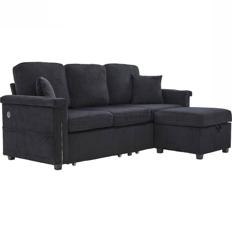 L-Shaped Sectional Sofa with Pull-Out Storage,Ottoman & Pillows 3-Seat with USB Charging,Cup Holder, Convertible Design