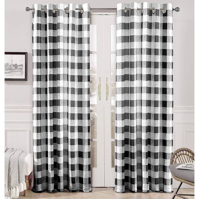 DriftAway Buffalo Checker Plaid Pattern Room Darkening Window Curtain Panel Pair - 84 Inches - Black