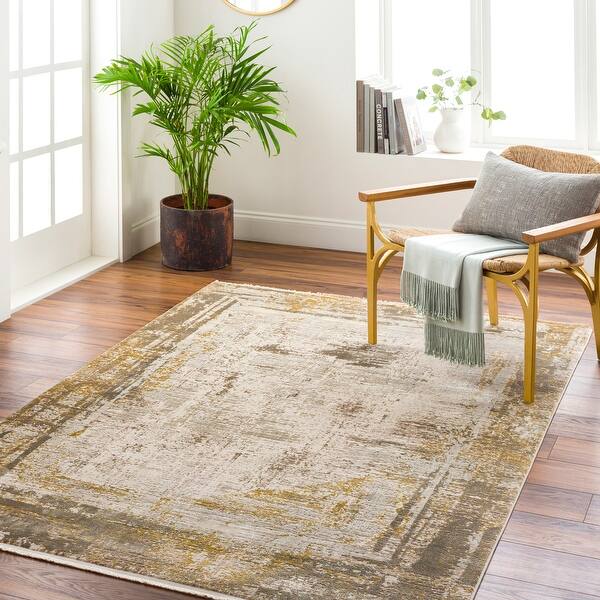 slide 2 of 5, Cabote Abstract Border Viscose Blend Area Rug Mustard/Blush - 2' x 3'