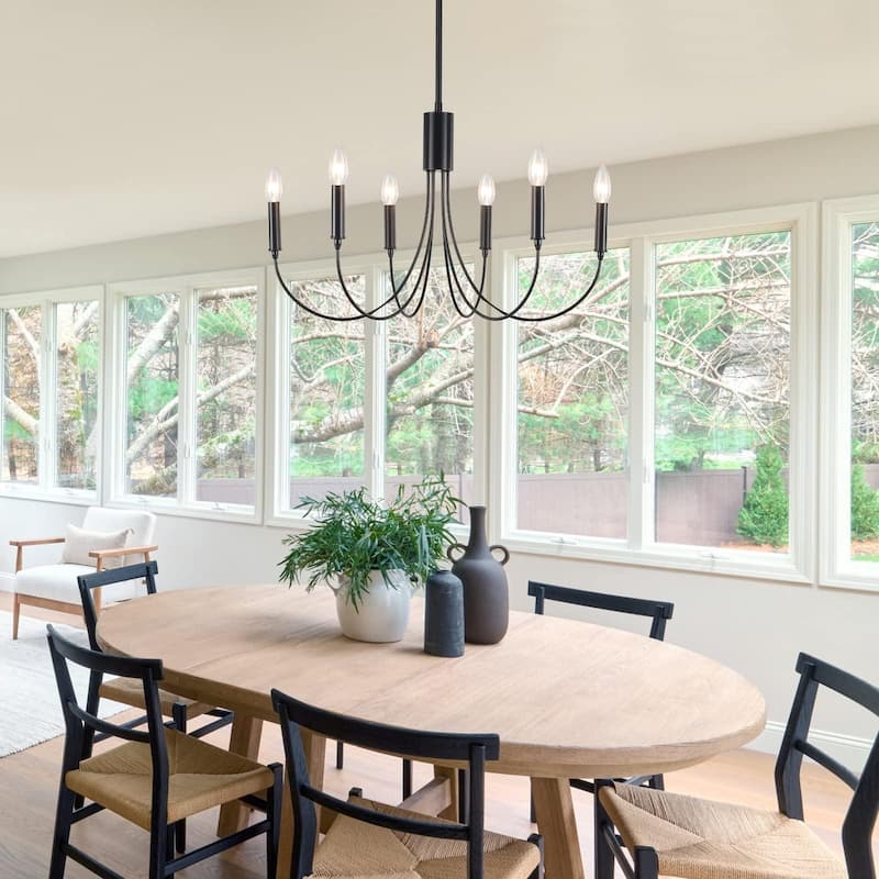 6-Light Modern Chandelier, Farmhouse Chandelier, Candle Style Chandelier for Dining Living Room Kitchen Island - 23.62"Dx8.86"H - Black