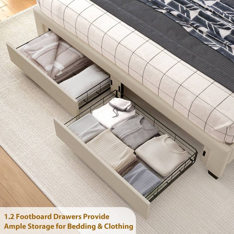 Beige Queen Size Platform Bed Frame with Storage Headboard and Drawers