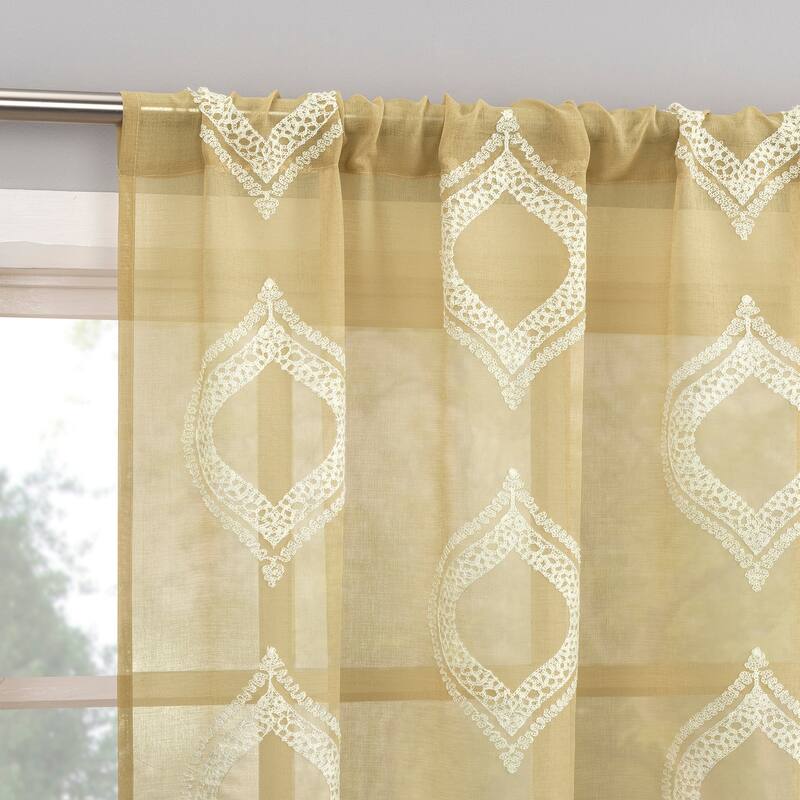 No. 918 Ravenna Embroidered Medallion Sheer Rod Pocket 1-Piece Curtain Panel, Single Panel - 50" x 84" - Gold