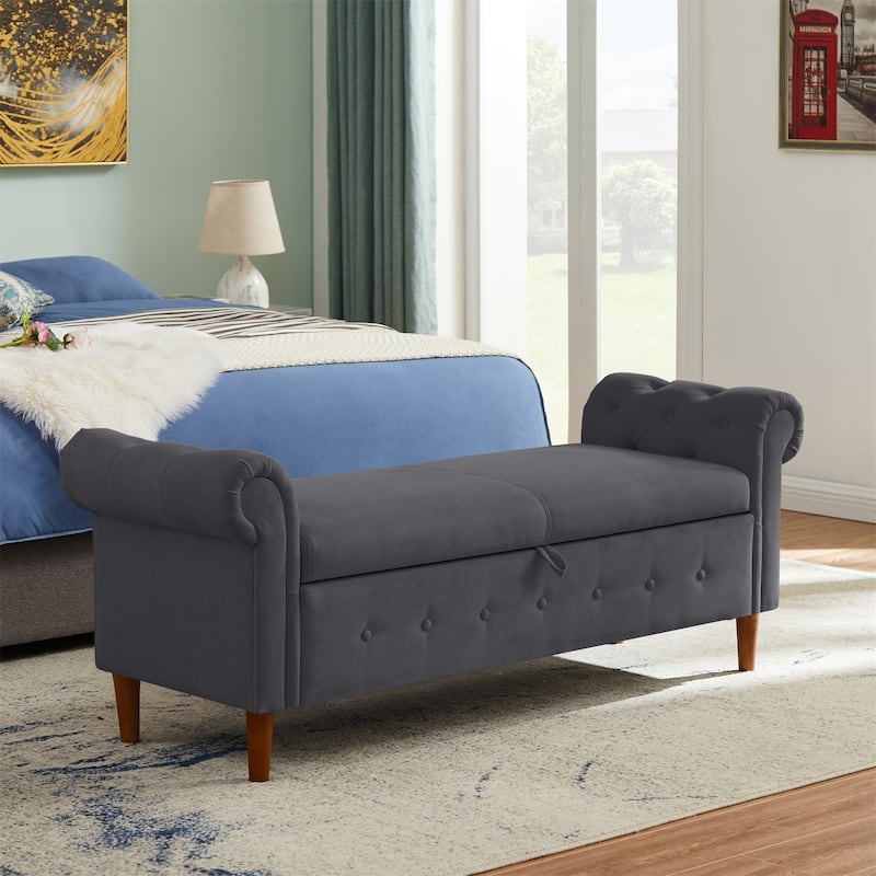 Storage Ottoman Bench with Safety Hinge, Upholstered Storage Bench with Seating for Living Room