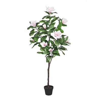 5ft Real Touch Pink White Artificial Magnolia Flower Tree in Black Pot - 60" H x 22" W x 22" DP