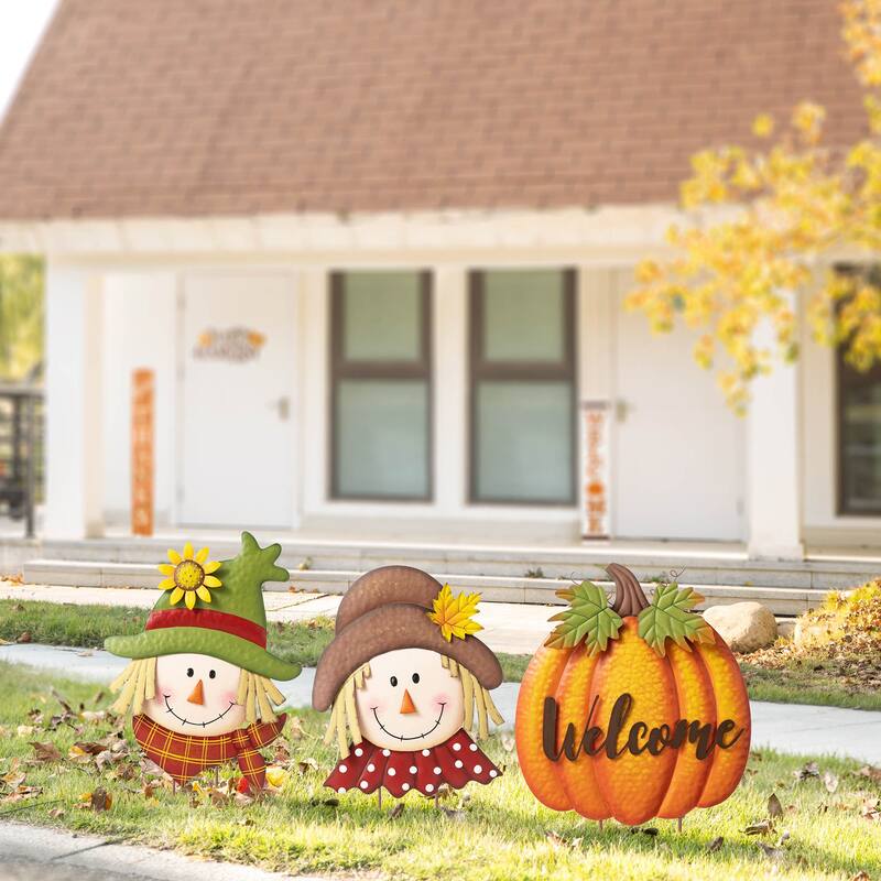 Glitzhome 46"H Fall Metal Stacked Scarecrow & Pumpkin Yard Stake for Thanksgiving Decor