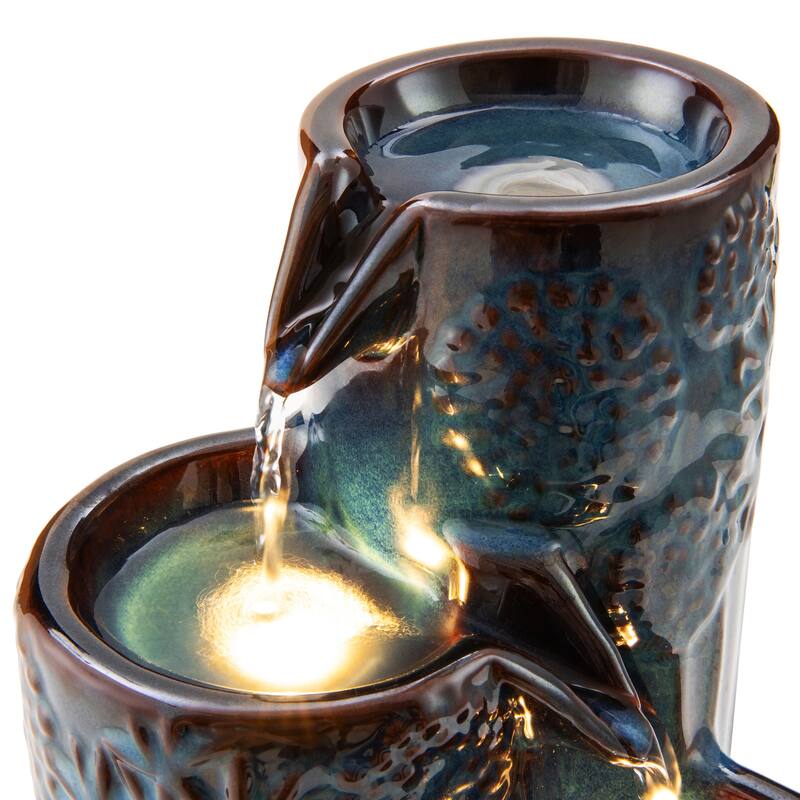 Glitzhome 10"H 3-Tier Turquoise Ceramic Tabletop Fountain with Pump and LED Light
