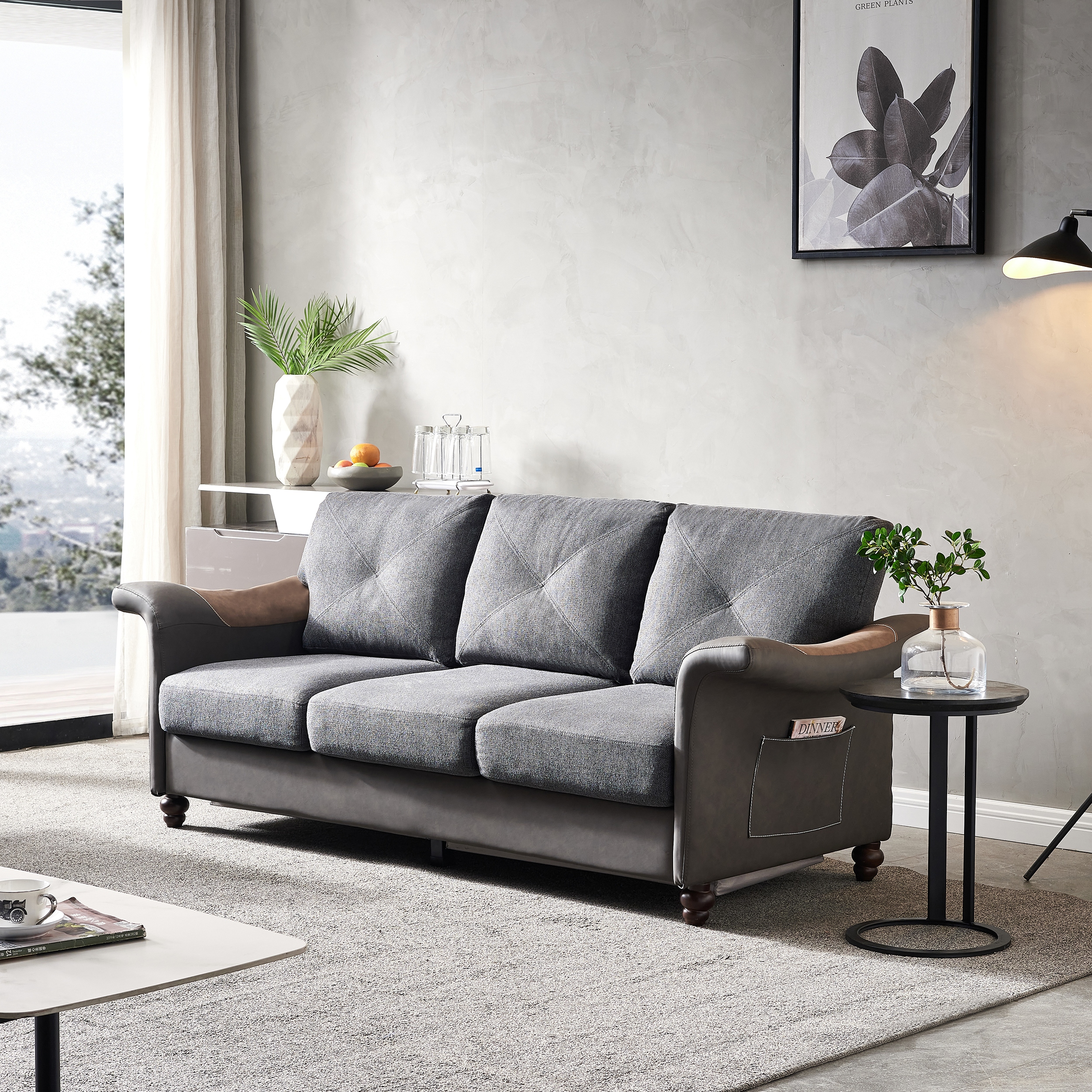 Leather couch with fabric cushions hot sale