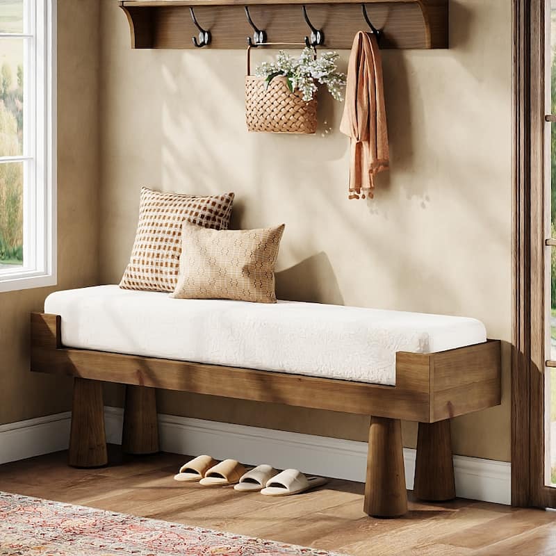 47 Inch Upholstered Entryway Bench, Shoe Bench Padded Seat with Solid Wood Legs