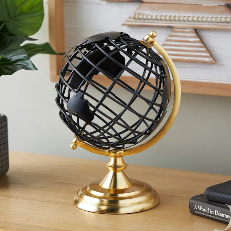 Black Metal Open Framed World Globe with Wire Exterior and Gold Base - 8 x 8 x 13