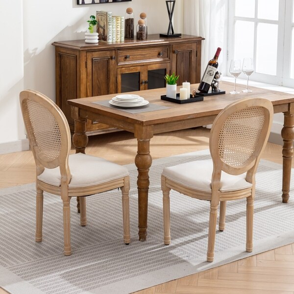 French Solid Wood Frame Dining Chair Linen Fabric Rattan Back Dining Table Chair Upholstered Lounge Chair Set of 2 Beige