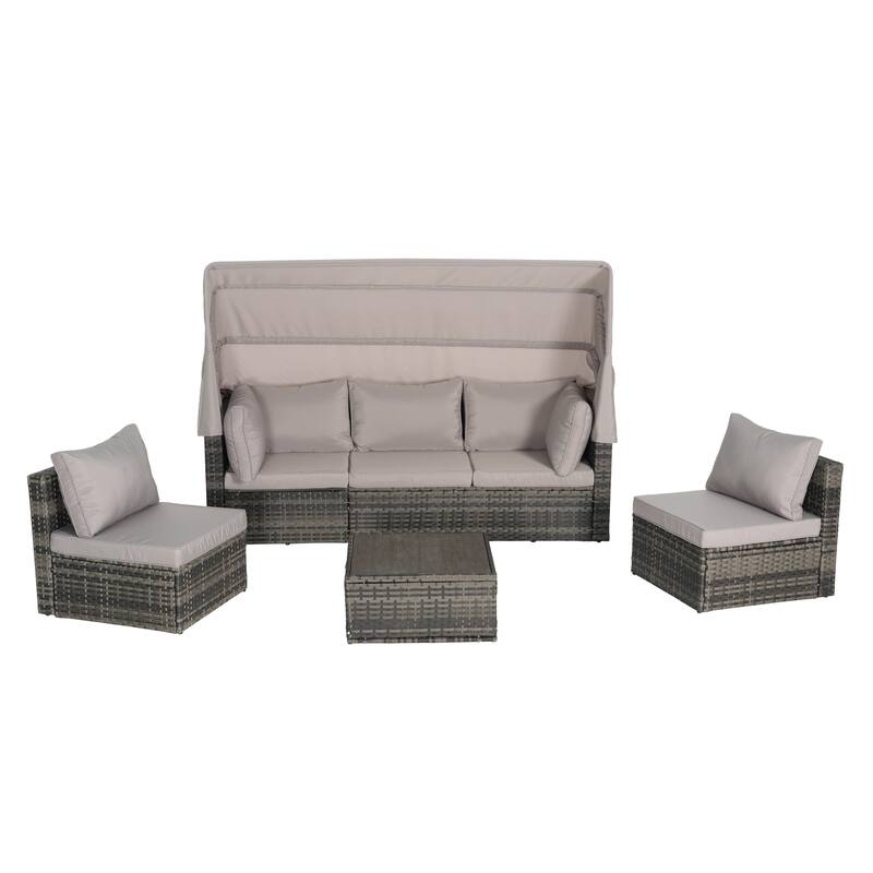 5-Piece Outdoor Patio Wicker Daybed Set with Retractable Canopy, Storable Table