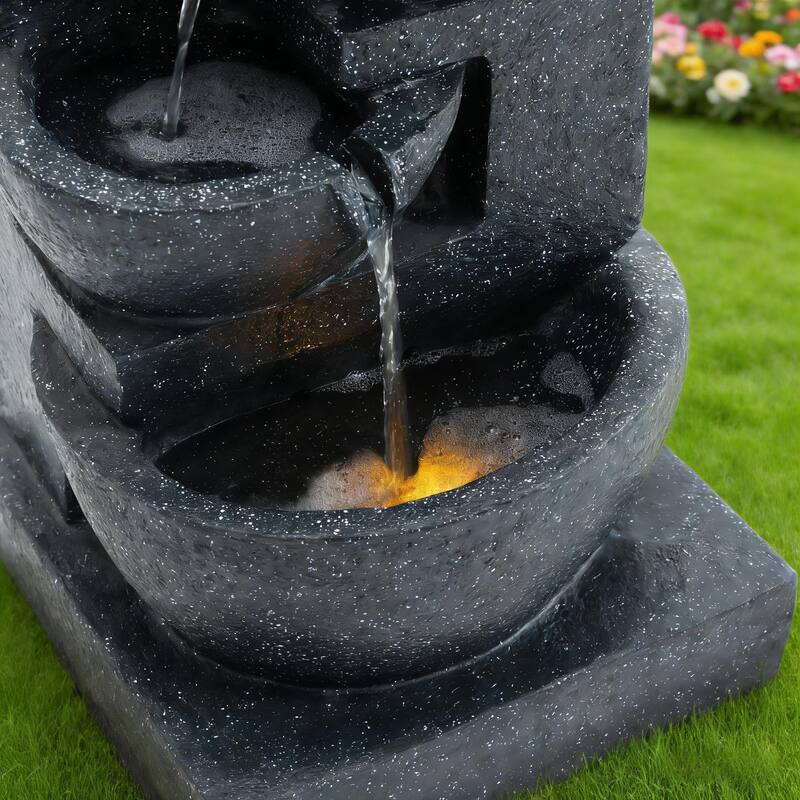 GDFStudio - Terrazzo 29" H Modern Outdoor/Indoor 4-Tier Water Fountain with Cascading Bowls, Stacked Stones Design & LED Lights