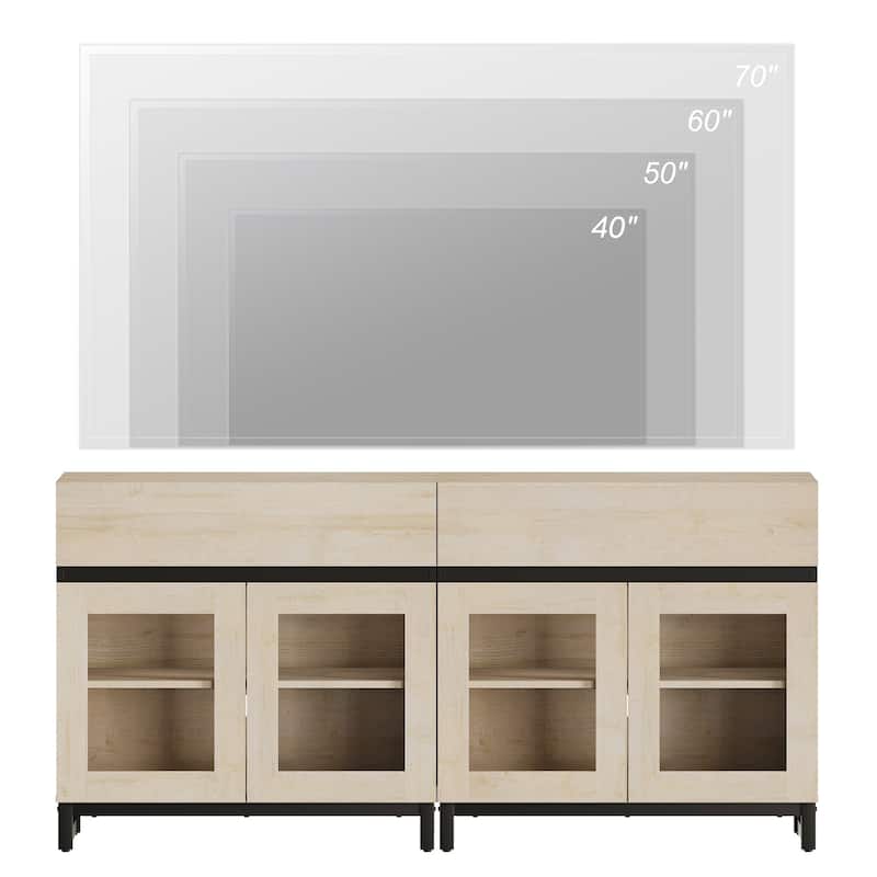 WAMPAT Modern TV Stand with Glass Doors for 110 inch TVs, Entertainment Center Console with 3 Drawers and Metal Base