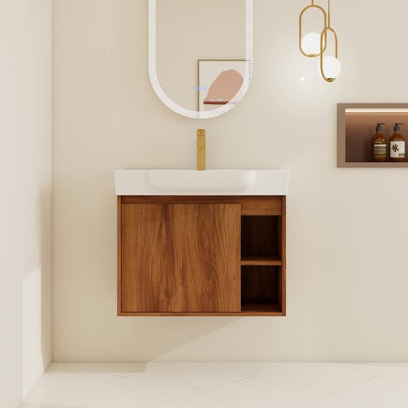 BNK 24"/28" Single Sink Floating Bathroom Vanity with Soft Close Door and Shelf - 27.2''W×14.8''D×22.8''H - Brown