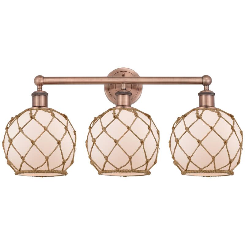 Innovations Lighting Endless Possibilities Edison - Farmhouse Rope - 3 Light 26" Bath Vanity Light - White Glass with Brown Rope/Antique Copper
