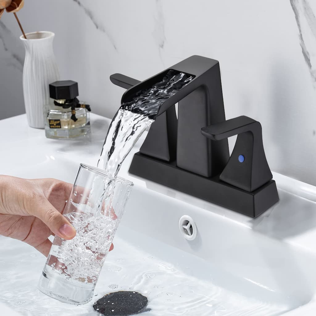 2 Handle Bathroom Sink Faucet with Waterfall Spout and Ceramic Drip Proof Cartridge, Adjust Water Volume and Temperature