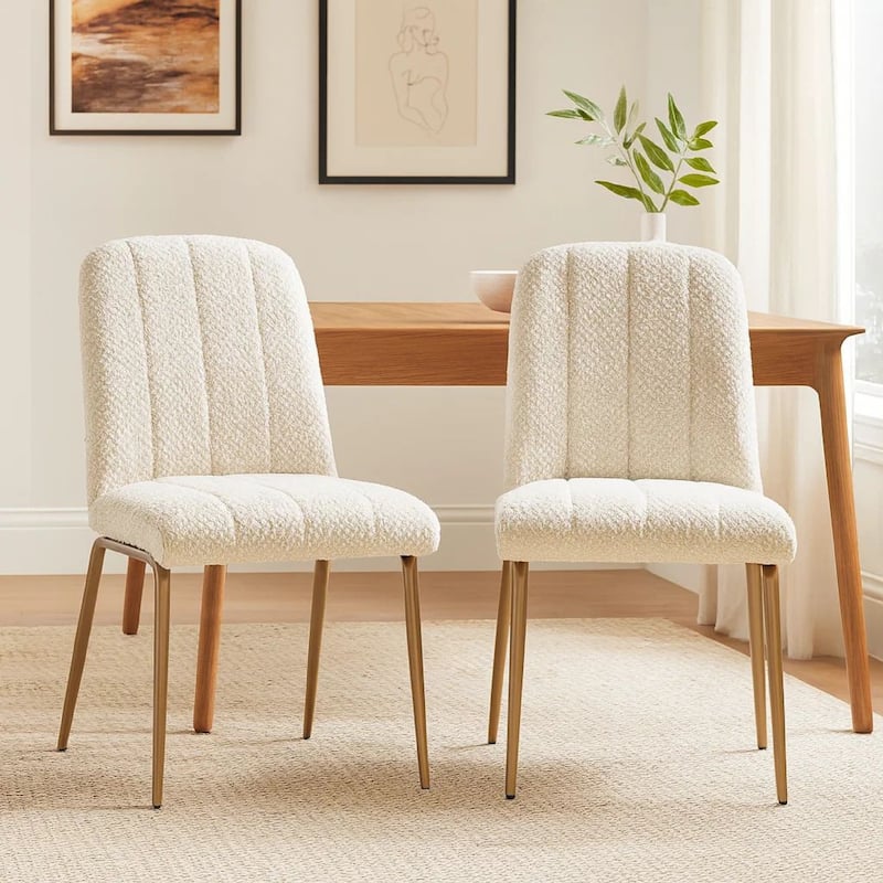 Rise 19 Inch Dining Chairs, Soft Boucle Upholstery, Set of 2, White, Bronze