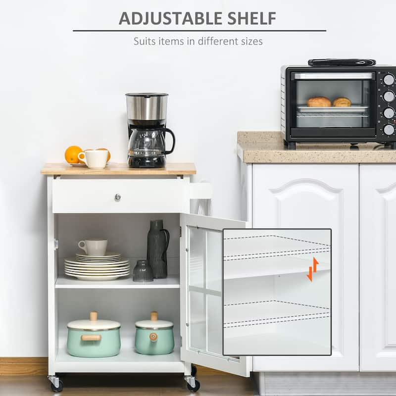 HOMCOM 27" Rolling Kitchen Island Cart with Drawer and Glass Door Cabinet, Kitchen Trolley with Adjustable Shelf and Towel Rack