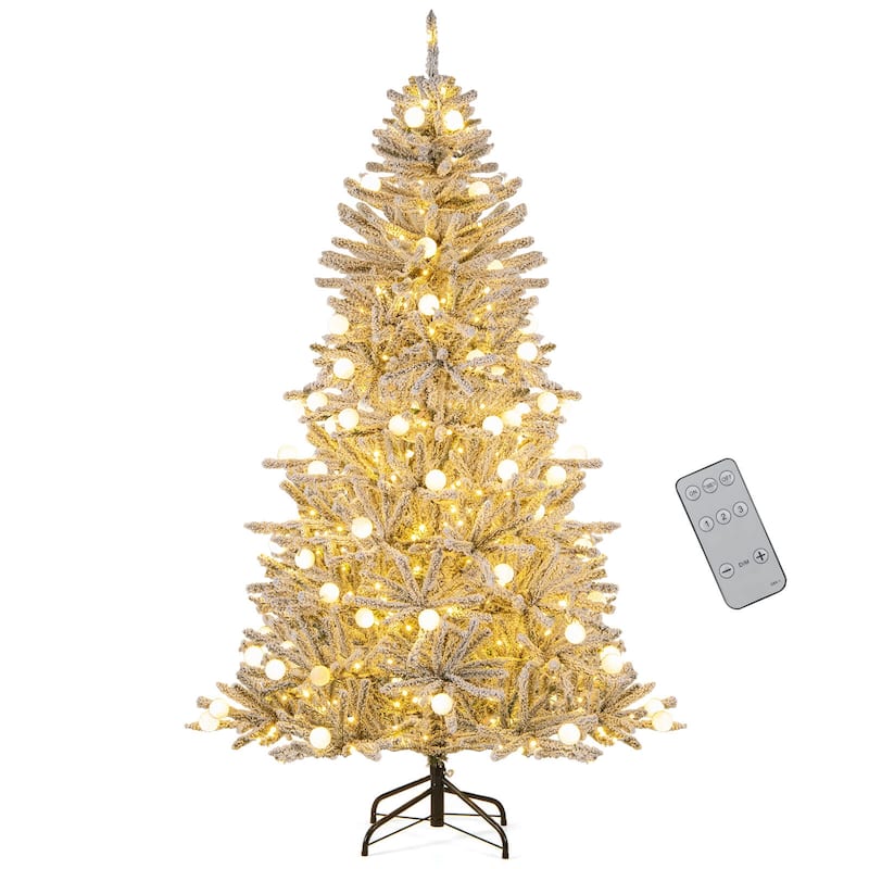 Costway 6/7/8 FT Snow-flocked Artificial Christmas Tree with 51/65/81 - Green & White - See Details