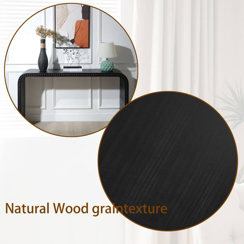 Roomfitters Black Wood Console Table, 59in Curved Waterfall Entryway Table with Wood Bead Detail, Black