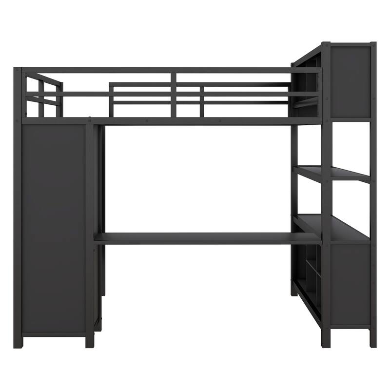 Full Size Wood Loft Bed with Wardrobe, Desk, Bookshelf, and Cabinet for Kids