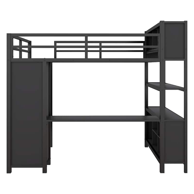 Metal Loft Bed with Wardrobe And L-shaped Desk, Full Size Loft Bed with Storage Cubes and Shelves, Heavy Duty Loft Bed