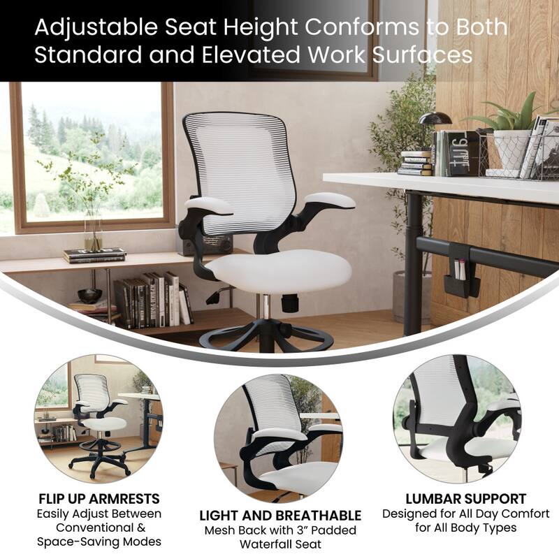Mid-Back Mesh Ergonomic Drafting Chair with Foot Ring and Flip-Up Arms