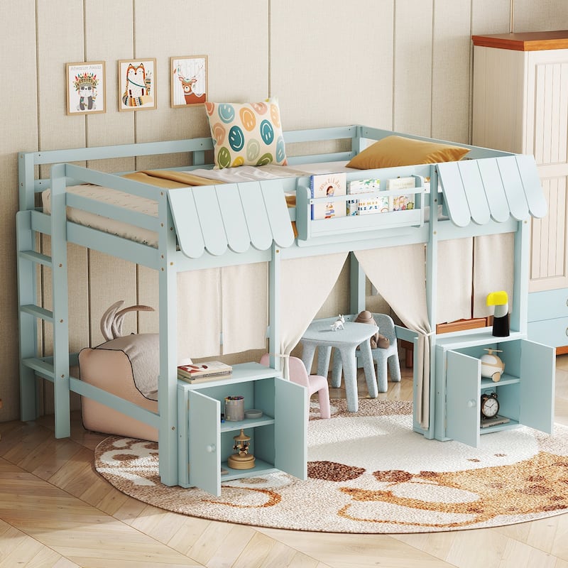 Fairy Tale Cottage Loft Bed with Tent, Bookshelf and Storage Cabinets - Light Blue - Full