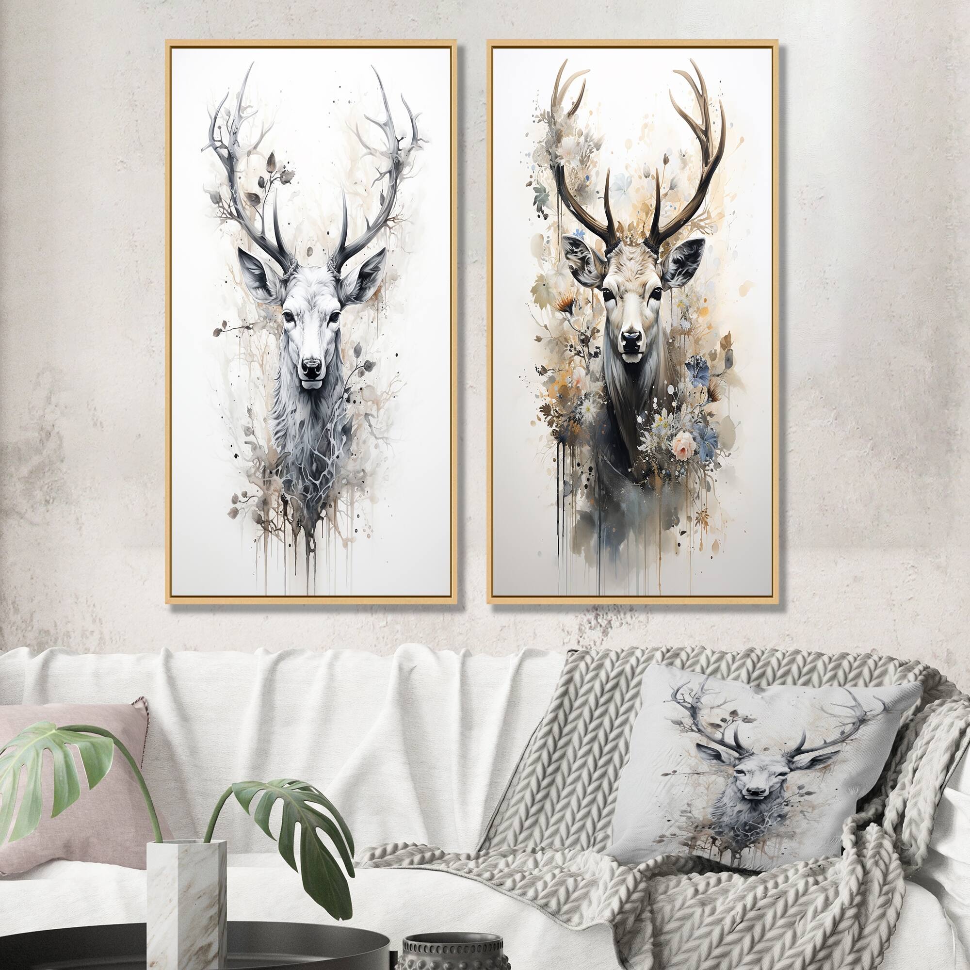 Designart "Black And White Deer Portrait" Deer Framed Art Set Of 2 - Animals Wall Art Set black Wall Decor 2 Pieces