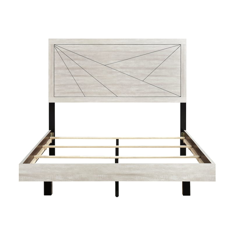 King Size Oak Panel Bed with Line Pattern Headboard and Contemporary Design