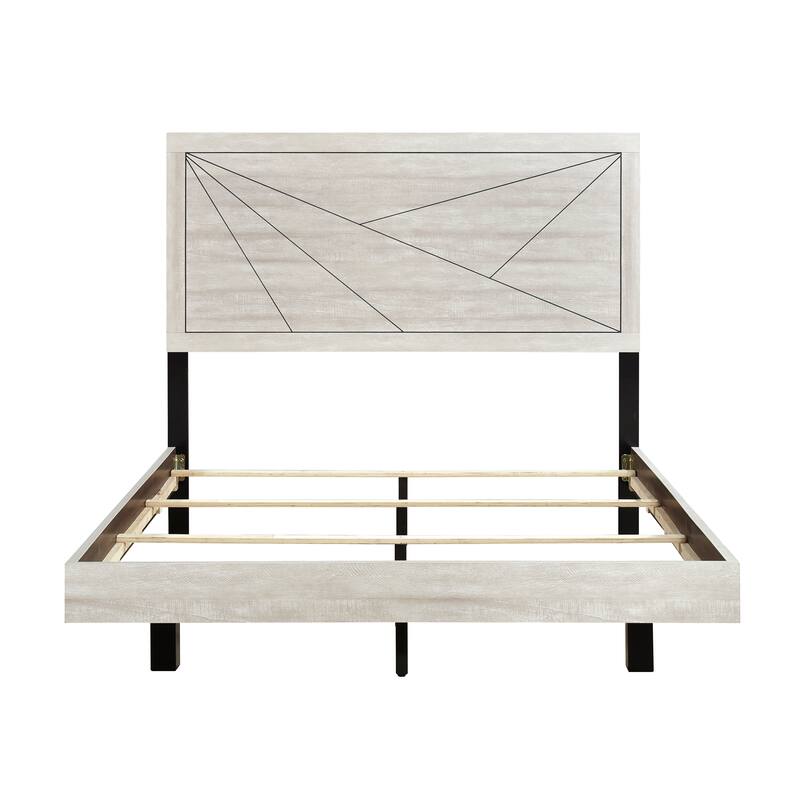 Queen Size Oak Wood Contemporary Panel Bed with Line Pattern Headboard