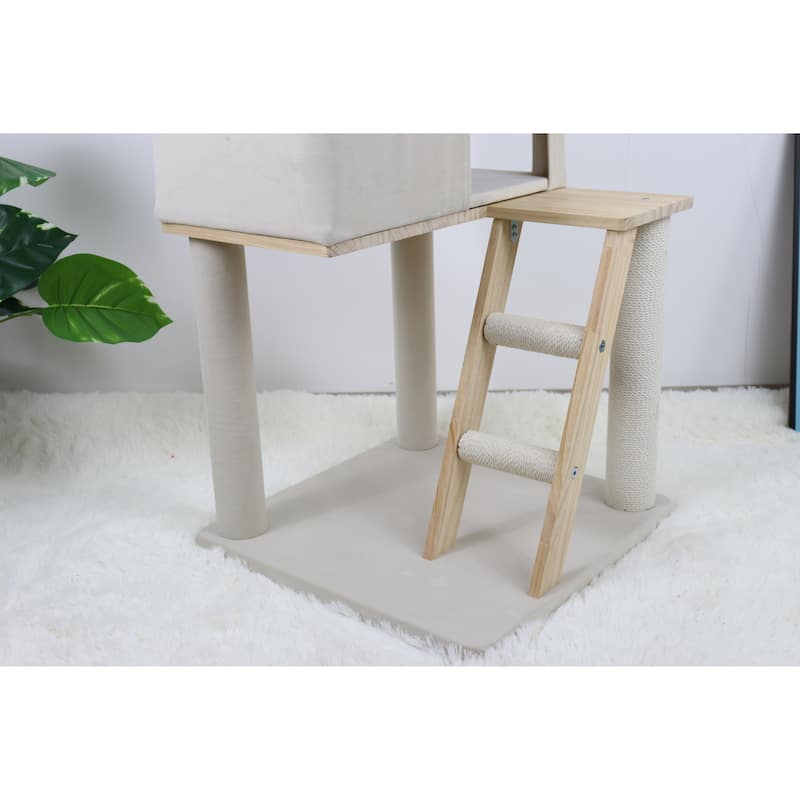 Wood Cat Tree With Large Condo Wood Ladder And Transparent Spacecraft 165cm