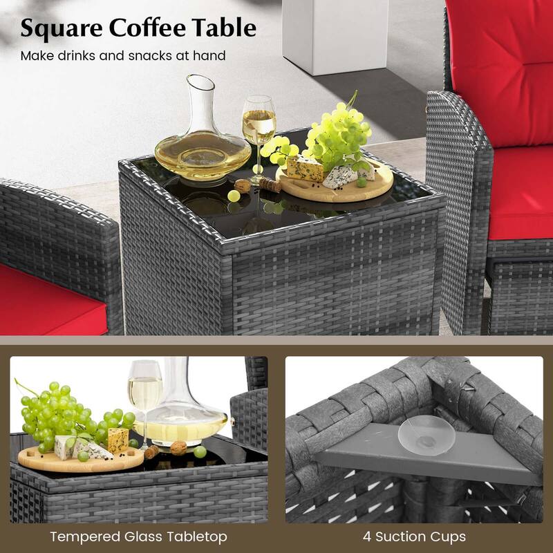 Gymax 5PCS Outdoor Rattan Furniture w/ 2 Ottomans & Tempered Glass